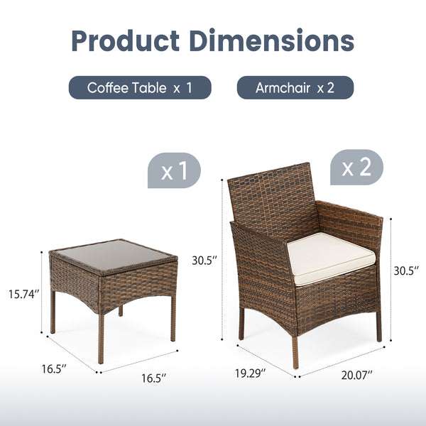 CONCETTA Patio Furniture Set, Wicker Outdoor PE Rattan Furniture with Coffee Table & Washable Cushion, Compact Bistro Conversation Seating for Balcony, Garden, Poolside, Porch