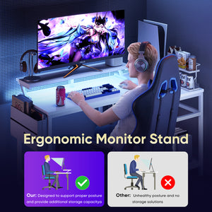 CONCETTA 40" L Shaped Gaming Desk with USB Charging, LED Lights, Power Outlets, Large Storage space, Monitor Stand, Black