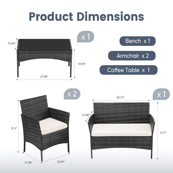 CONCETTA Patio Furniture Set, Wicker Outdoor PE Rattan Furniture with Coffee Table & Washable Cushion, Compact Bistro Conversation Seating for Balcony, Garden, Poolside, Porch