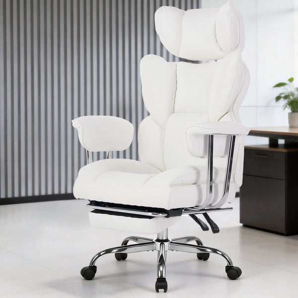 CONCETTA Big and Tall Office Chair, Scratch-Resistant PU Leather Executive Desk Chair with Footrest, Spring Lumbar Support, Wide Reclining Seat, White