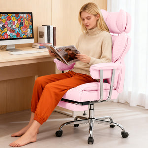 CONCETTA Big and Tall Office Chair, Scratch-Resistant PU Leather Executive Desk Chair with Footrest, Spring Lumbar Support, Wide Reclining Seat, White