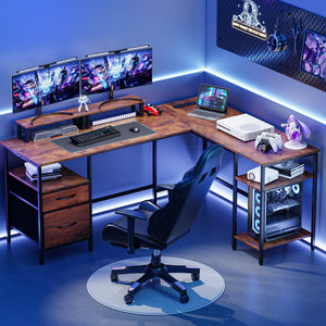 CONCETTA Modern L-Shaped Computer Desk with Power Outlet, Reversible Gaming Desk, Fabric Drawer & 2 Monitor Stands for Home Office, Rustic