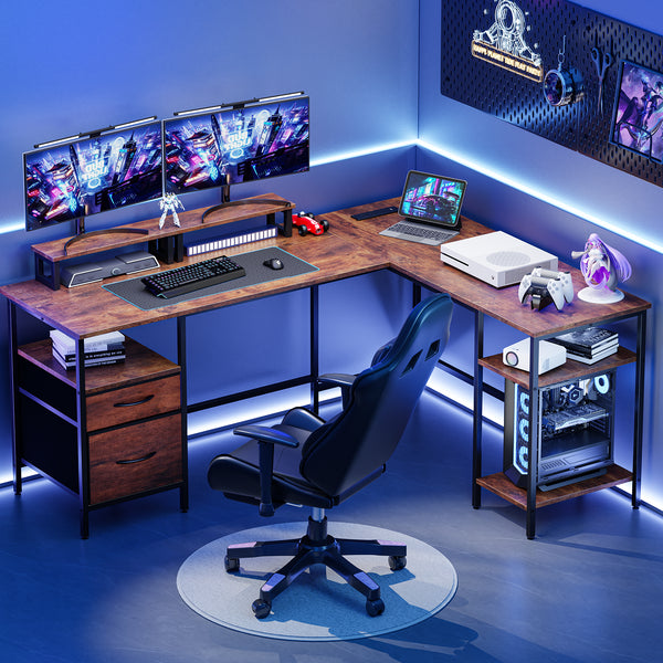 CONCETTA Modern L-Shaped Computer Desk with Power Outlet, Reversible Gaming Desk, Fabric Drawer & 2 Monitor Stands for Home Office, Rustic