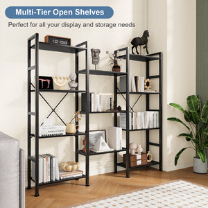 CONCETTA Triple 4-Tier Bookshelf with 11 Open Display Shelves, Adjustable Storage Bookcase for Home & Office, Sturdy Steel Frame and Wood Construction, Anti-Tip and Adjustable Feet