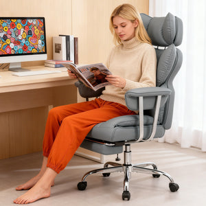 CONCETTA Big and Tall Office Chair, Scratch-Resistant PU Leather Executive Desk Chair with Footrest, Spring Lumbar Support, Wide Reclining Seat, White