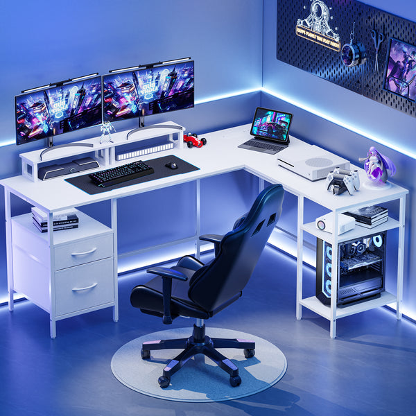 CONCETTA Modern L-Shaped Computer Desk with Power Outlet, Reversible Gaming Desk, Fabric Drawer & 2 Monitor Stands for Home Office, Rustic