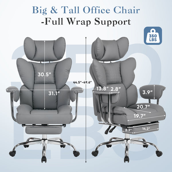 CONCETTA Big and Tall Office Chair, Scratch-Resistant PU Leather Executive Desk Chair with Footrest, Spring Lumbar Support, Wide Reclining Seat, White