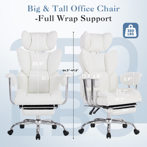 CONCETTA Big and Tall Office Chair, Scratch-Resistant PU Leather Executive Desk Chair with Footrest, Spring Lumbar Support, Wide Reclining Seat, White