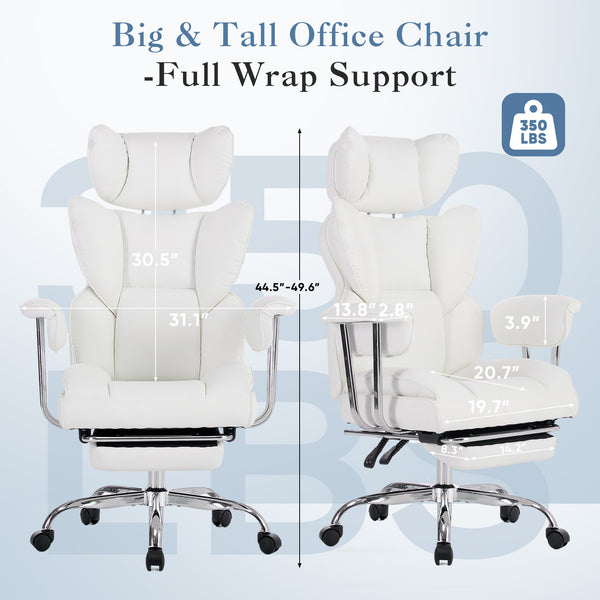 CONCETTA Big and Tall Office Chair, Scratch-Resistant PU Leather Executive Desk Chair with Footrest, Spring Lumbar Support, Wide Reclining Seat, White