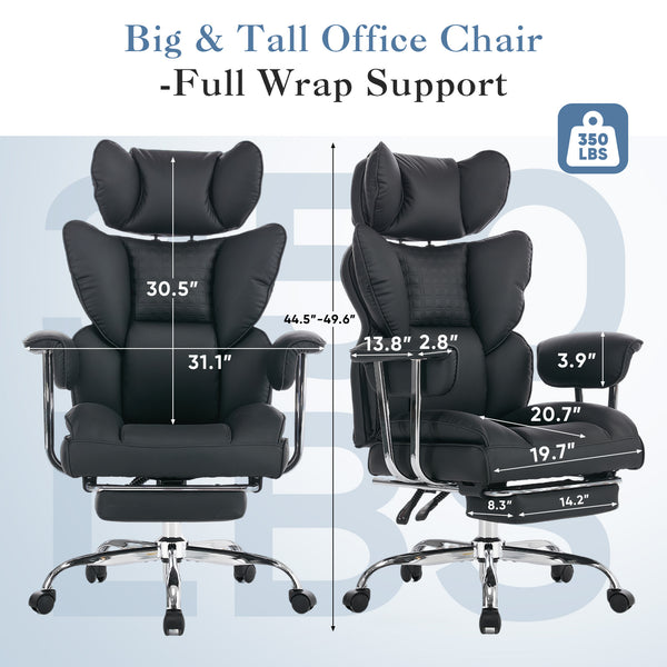 CONCETTA Big and Tall Office Chair, Scratch-Resistant PU Leather Executive Desk Chair with Footrest, Spring Lumbar Support, Wide Reclining Seat, White