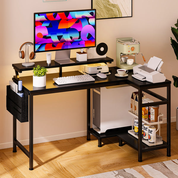 CONCETTA 40" L Shaped Gaming Desk with USB Charging, LED Lights, Power Outlets, Large Storage space, Monitor Stand, Black
