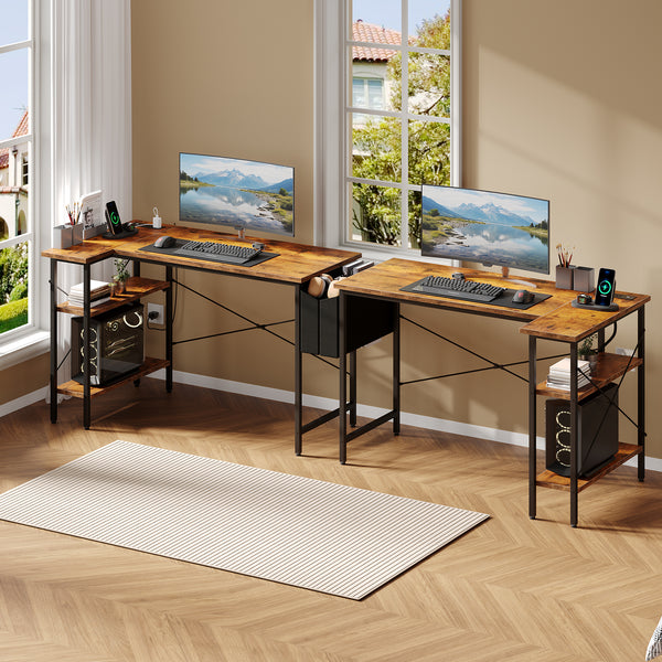CONCETTA 39 inch Gaming Computer Desk with Power Outlet & LED Strip, Reversible Storage Shelves for Home Office