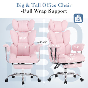 CONCETTA Big and Tall Office Chair, Scratch-Resistant PU Leather Executive Desk Chair with Footrest, Spring Lumbar Support, Wide Reclining Seat, White