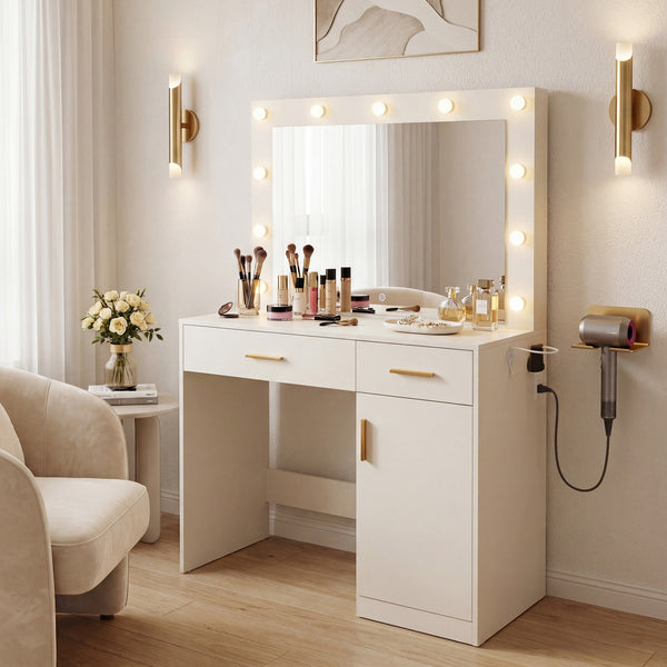 CONCETTA Vanity Desk with Mirror and Lights, Makeup Vanity Table with Hair Dryer & Power Outlet, Dressing Table for Bedroom