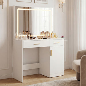 CONCETTA Vanity Desk with Mirror and Lights, Makeup Vanity Table with Hair Dryer & Power Outlet, Dressing Table for Bedroom