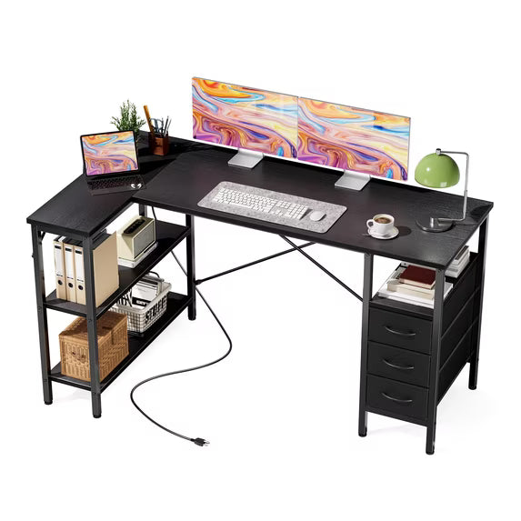 L Shaped Computer Desk with 3 Drawers, Power Outlets, USB Ports, and Monitor Stand, Corner Gaming Desk for Home Office