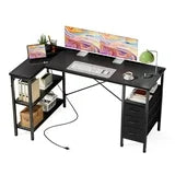 L Shaped Computer Desk with 3 Drawers, Power Outlets, USB Ports, and Monitor Stand, Corner Gaming Desk for Home Office