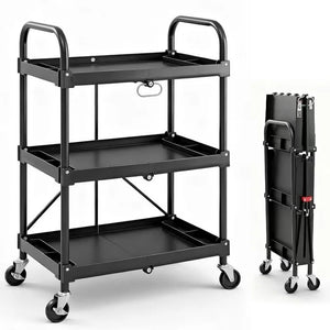 CONCETTA 3-Tier Portable Multifunctional Cart With Wheels, Supports Up To 120 Lbs, Heavy-Duty Foldable Cart, Suitable For Home, Office, Kitchen, And Storage, Black