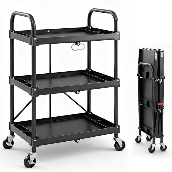 CONCETTA 3-Tier Portable Multifunctional Cart With Wheels, Supports Up To 120 Lbs, Heavy-Duty Foldable Cart, Suitable For Home, Office, Kitchen, And Storage, Black