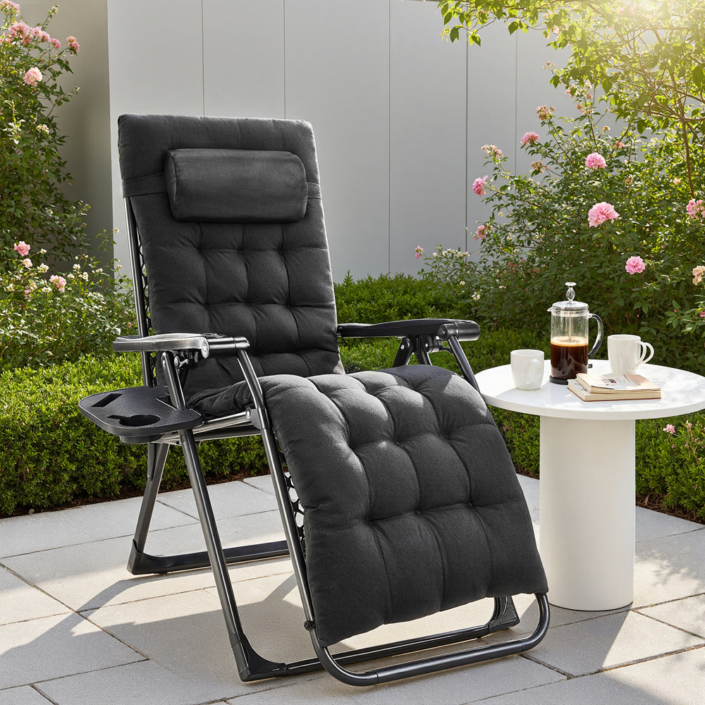 CONCETTA Padded Zero Gravity Chair, Lounge Chair with Removable Cushion and Trays,Folding deck chair patio chair, Lawn Lounger, Gray