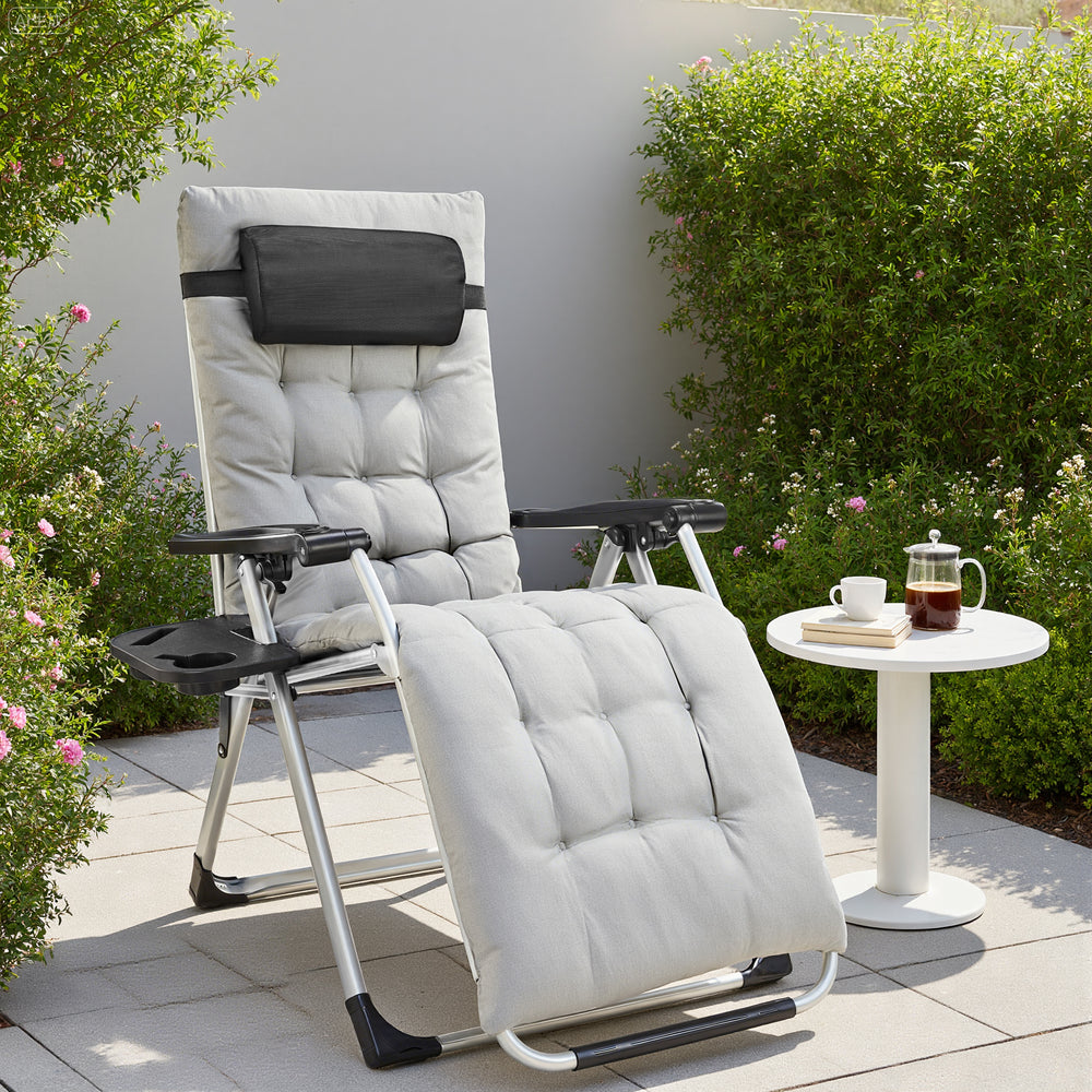 CONCETTA Padded Zero Gravity Chair, Lounge Chair with Removable Cushion and Trays,Folding deck chair patio chair, Lawn Lounger, Gray