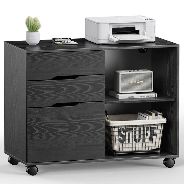 CONCETTA Lateral File Cabinet - with 3 Drawers, Rolling Wooden File Storage Drawer, Black Printer Stand Under Desk Organiser for Office, Home