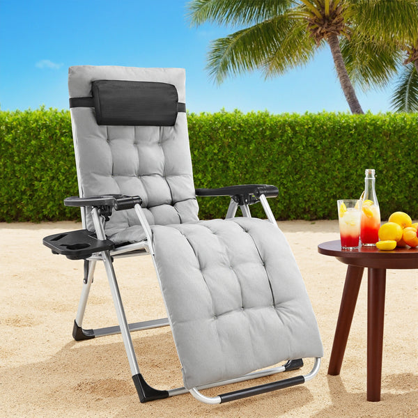 CONCETTA Padded Zero Gravity Chair, Lounge Chair with Removable Cushion and Trays,Folding deck chair patio chair, Lawn Lounger, Gray