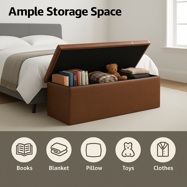 CONCETTA 43" Storage Ottoman Bench, Foldable Storage Chest, End of Bed Foot Stool with Padded Seat, Bedroom Bench, Support 660lbs, PVC Brown