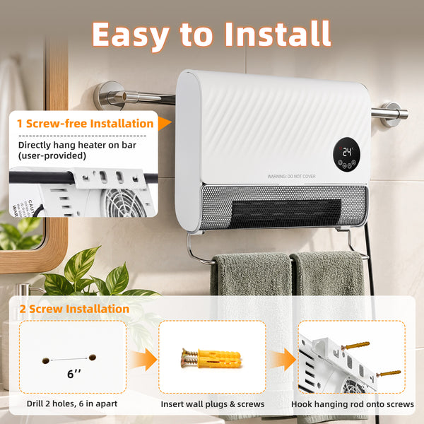 CONCETTA 1500W Wall-mount Electric Space Heater with 3 Mode 40-95°F Thermostat, 12H Timer, Child Lock, Low Noise for Bedrooms, Indoor