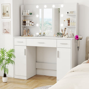 CONCETTA Modern Adult Vanity Desk 1 Piece with Mirror, Power Outlet and Lights, White Table Set
