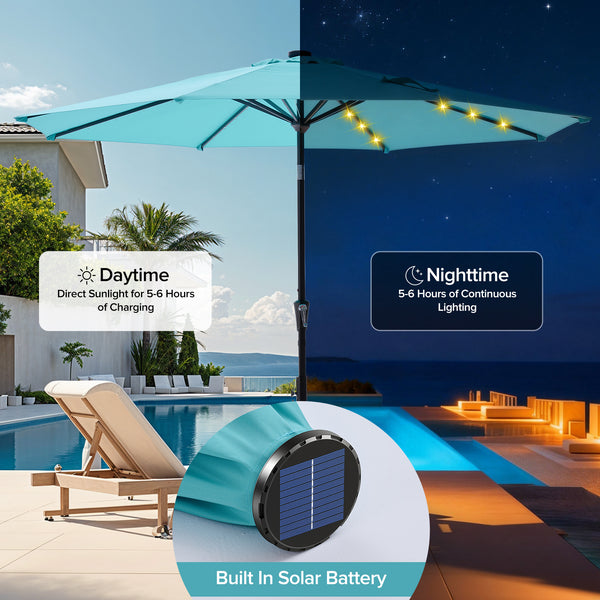 SHOUFTW 10FT Outdoor Patio Umbrella with Solar LED Lights, Push-Button Tilt Market Umbrella, Weather-Resistant 8-Rib Sun Shade for Patio, Garden, Backyard, Deck or Poolside
