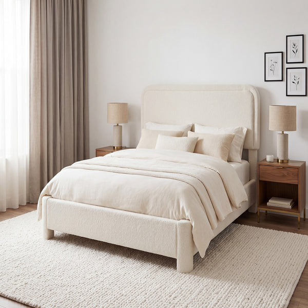 CONCETTA Bed Frame with Boucle Upholstery, Modern Platform Bed with Headboard, Soft Rounded Corners, No Box Spring Needed, Easy Assembly, White