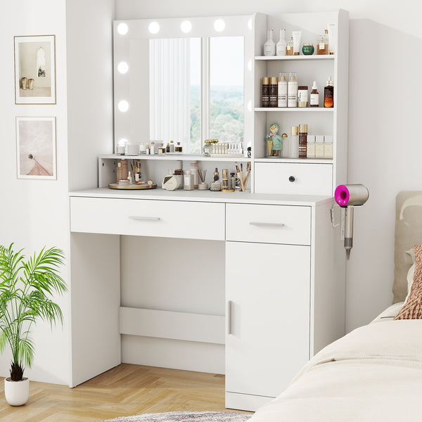CONCETTA Modern Adult Vanity Desk 1 Piece with Mirror, Power Outlet and Lights, White Table Set
