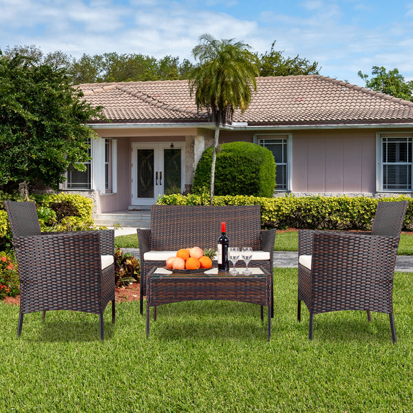 SHOUFTW Wicker Patio Furniture Set with Cushions & Glass Coffee Table, Outdoor Conversation Set for Backyard, Garden, Porch, Stylish & Comfortable