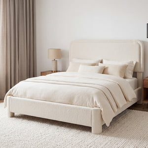 CONCETTA Bed Frame with Boucle Upholstery, Modern Platform Bed with Headboard, Soft Rounded Corners, No Box Spring Needed, Easy Assembly, White