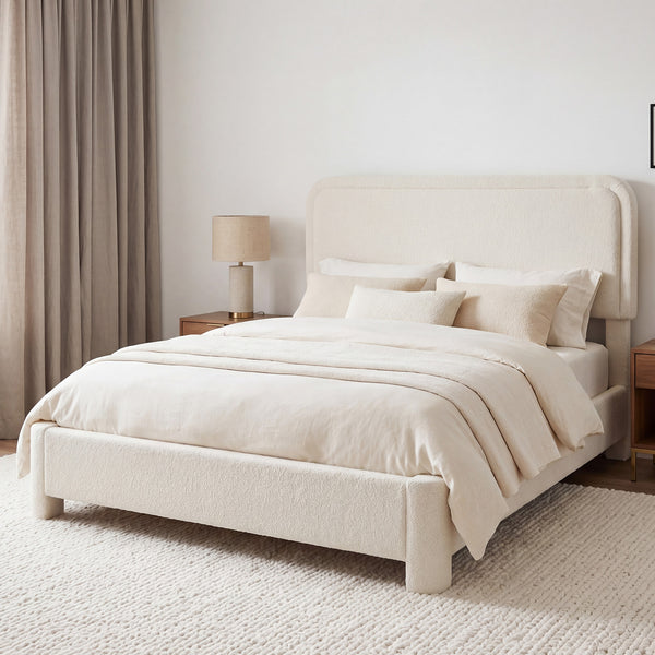 CONCETTA Bed Frame with Boucle Upholstery, Modern Platform Bed with Headboard, Soft Rounded Corners, No Box Spring Needed, Easy Assembly, White