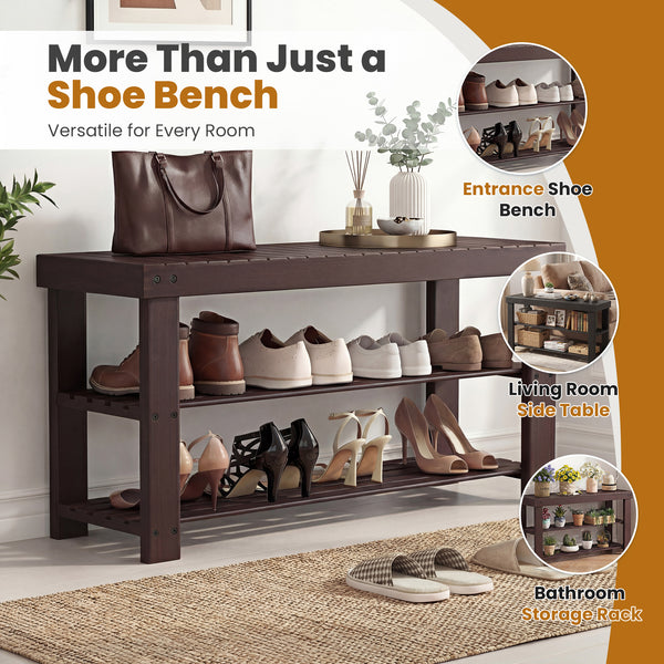 CONCETTA Bamboo Shoe Rack & Bench, 3-Tier 280 lb Capacity Storage Organizer for Entryway, Living Room, Balcony