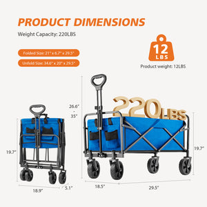 CONCETTA Collapsible Foldable Wagon Cart-with All-Terrain Wheels, Heavy Duty Utility Grocery Wagon with Drink Holders for Shopping Sports Camping