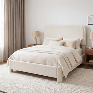 CONCETTA Bed Frame with Boucle Upholstery, Modern Platform Bed with Headboard, Soft Rounded Corners, No Box Spring Needed, Easy Assembly, White