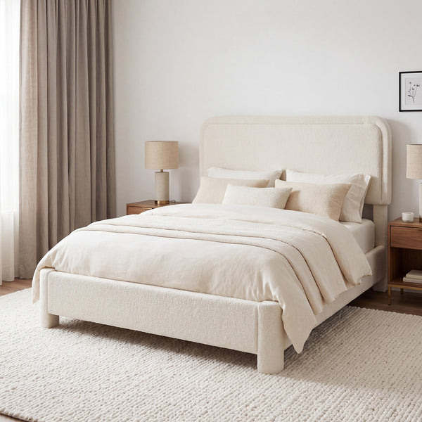 CONCETTA Bed Frame with Boucle Upholstery, Modern Platform Bed with Headboard, Soft Rounded Corners, No Box Spring Needed, Easy Assembly, White