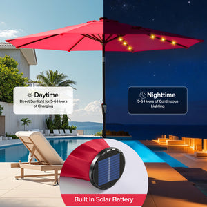 SHOUFTW 10FT Outdoor Patio Umbrella with Solar LED Lights, Push-Button Tilt Market Umbrella, Weather-Resistant 8-Rib Sun Shade for Patio, Garden, Backyard, Deck or Poolside