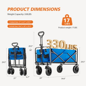 CONCETTA Collapsible Foldable Wagon Cart-with All-Terrain Wheels, Heavy Duty Utility Grocery Wagon with Drink Holders for Shopping Sports Camping