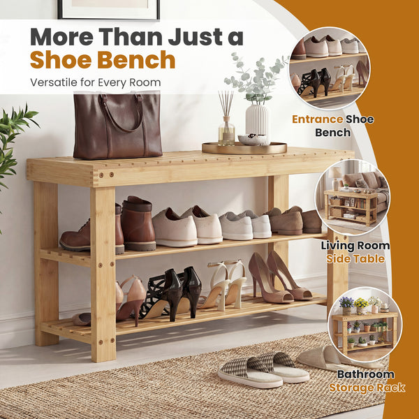 CONCETTA Bamboo Shoe Rack & Bench, 3-Tier 280 lb Capacity Storage Organizer for Entryway, Living Room, Balcony