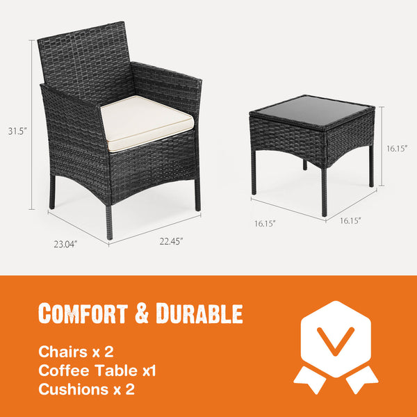 CONCETTA 3 Piece Patio Wicker Furniture Set , Patio Chair w/ Table w/ Cushions, Simple Modern Comfort