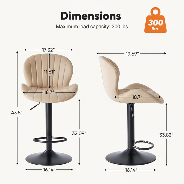 Set of 2 Swivel Bar Stools - Adjustable Height Modern Fabric Upholstered Barstools Counter Bar Chairs with Backrest for Kitchen Island & Home Bar, Beige