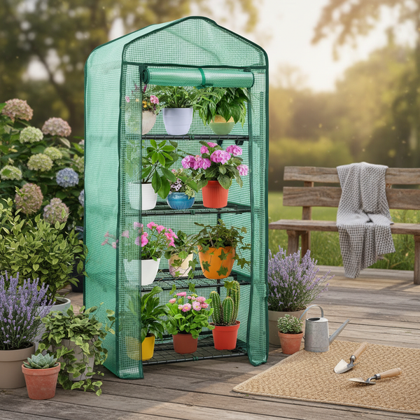 CONCETTA 4-Tier Mini & Portable Greenhouse with Wheels, Rust-Resistant Steel Frame, PVC Cover for Indoor or Outdoor Gardening
