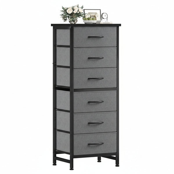 CONCETTA Tall Storage Dresser with 6 Fabric Drawers, Metal Frame with Cross Support Rods, Anti-Tip, Wood Top for Bedrooms, Offices and Compact Spaces