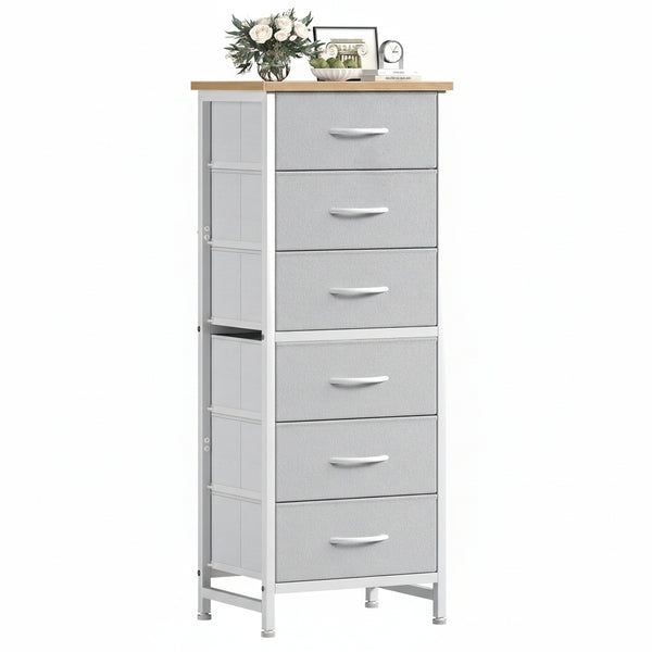 CONCETTA Tall Storage Dresser with 6 Fabric Drawers, Metal Frame with Cross Support Rods, Anti-Tip, Wood Top for Bedrooms, Offices and Compact Spaces