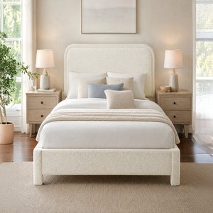 CONCETTA Bed Frame with Boucle Upholstery, Modern Platform Bed with Headboard, Soft Rounded Corners, No Box Spring Needed, Easy Assembly, White