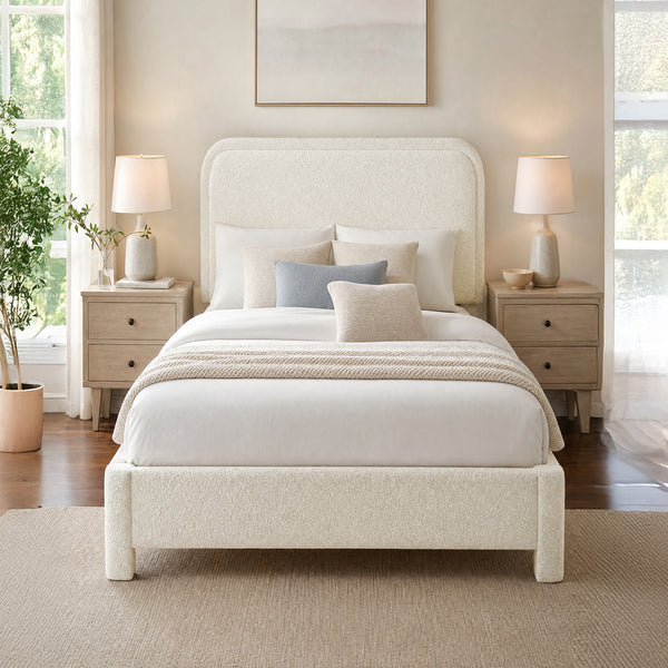 CONCETTA Bed Frame with Boucle Upholstery, Modern Platform Bed with Headboard, Soft Rounded Corners, No Box Spring Needed, Easy Assembly, White